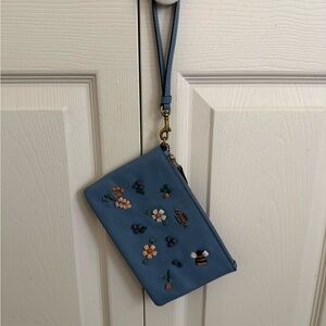 Blue Floral Embroidered Wristlet
